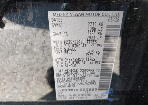 2018 Nissan Pathfinder Platinum from USA, damaged, VIN 5N1DR2MM3JC663865